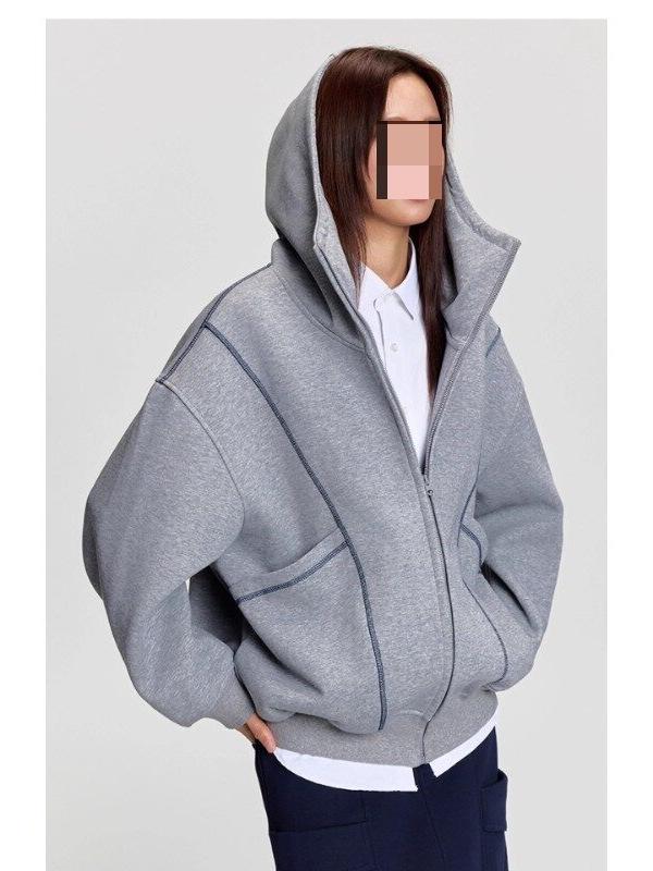 Unisex Trendy Heavyweight Hooded Cardigan with Contrast Stitching