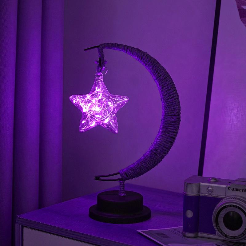 LED Star and Moon Vine Ball Desk Lamp with Hemp Rope and Iron Art - USB Decorative Night Light