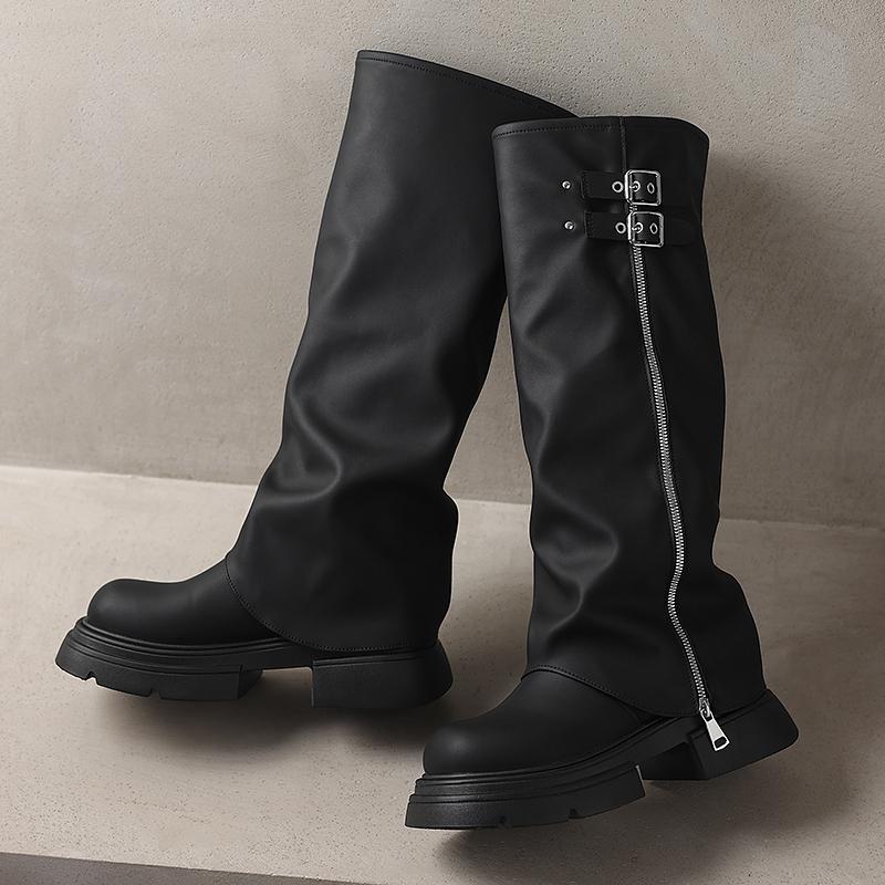 Zipper Turned-over Edge Women's Boots Autumn Round Toe Solid Mid Heeled Water Proof Korean Style Boots  Fashion Ladies Shoes