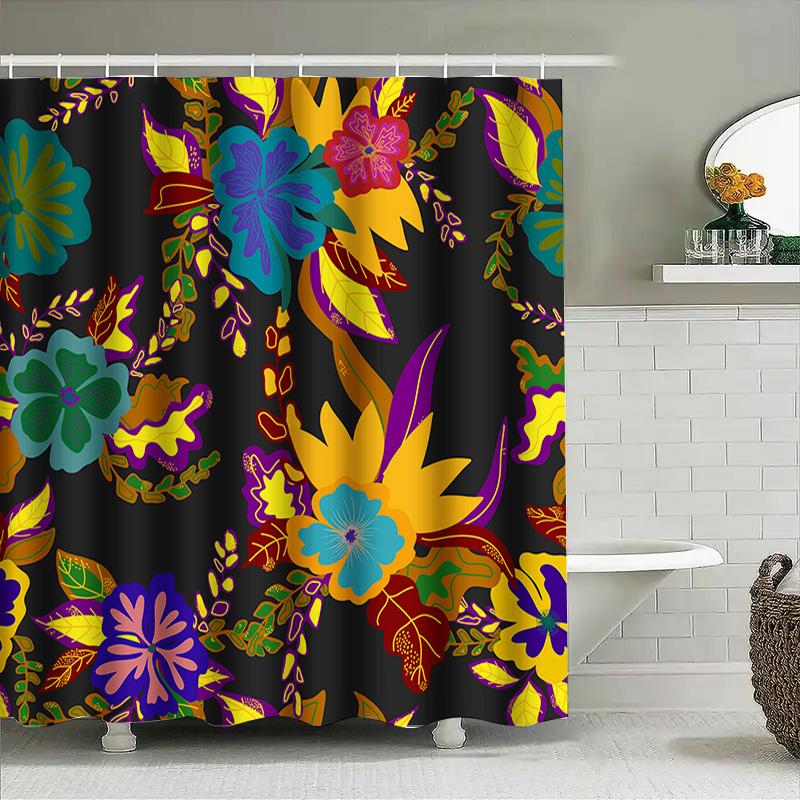 128 Character Title: Bathroom Shower Curtain With Vibrant Floral Pattern Modern Home Decor In Black Background