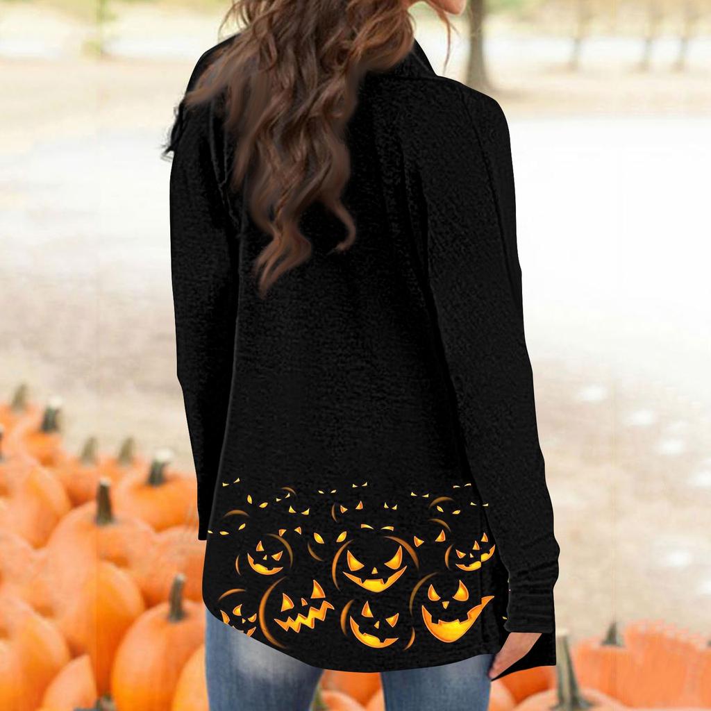 Dámský ležérní kardigan s halloweenským potiskem, top s dlouhým rukávem bez kapes