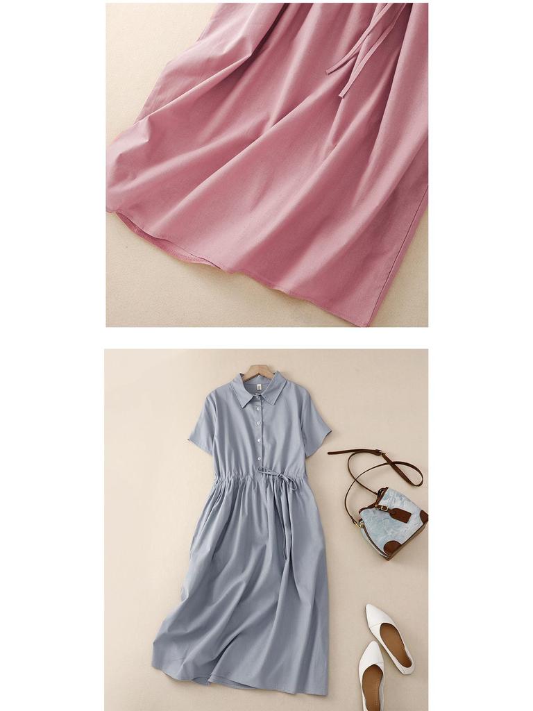 Xinxing 2025 Summer Cotton Linen Retro Short Sleeve Mid-Length Shirt Dress for Women