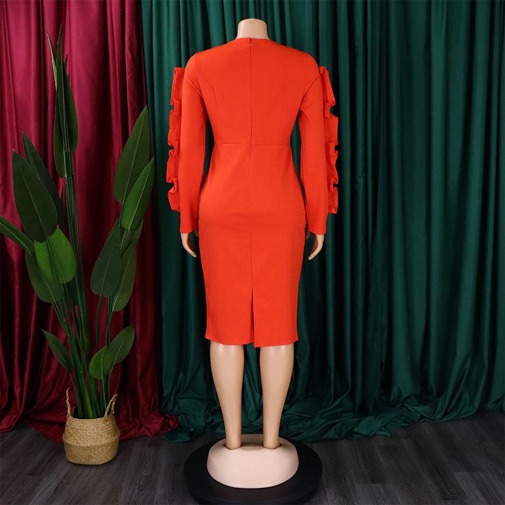 YYFS Női divat tavaszi őszi egyszínű nyomtatással, hosszú ujjú O-nyakú, magas derekú alkalmi ruhák