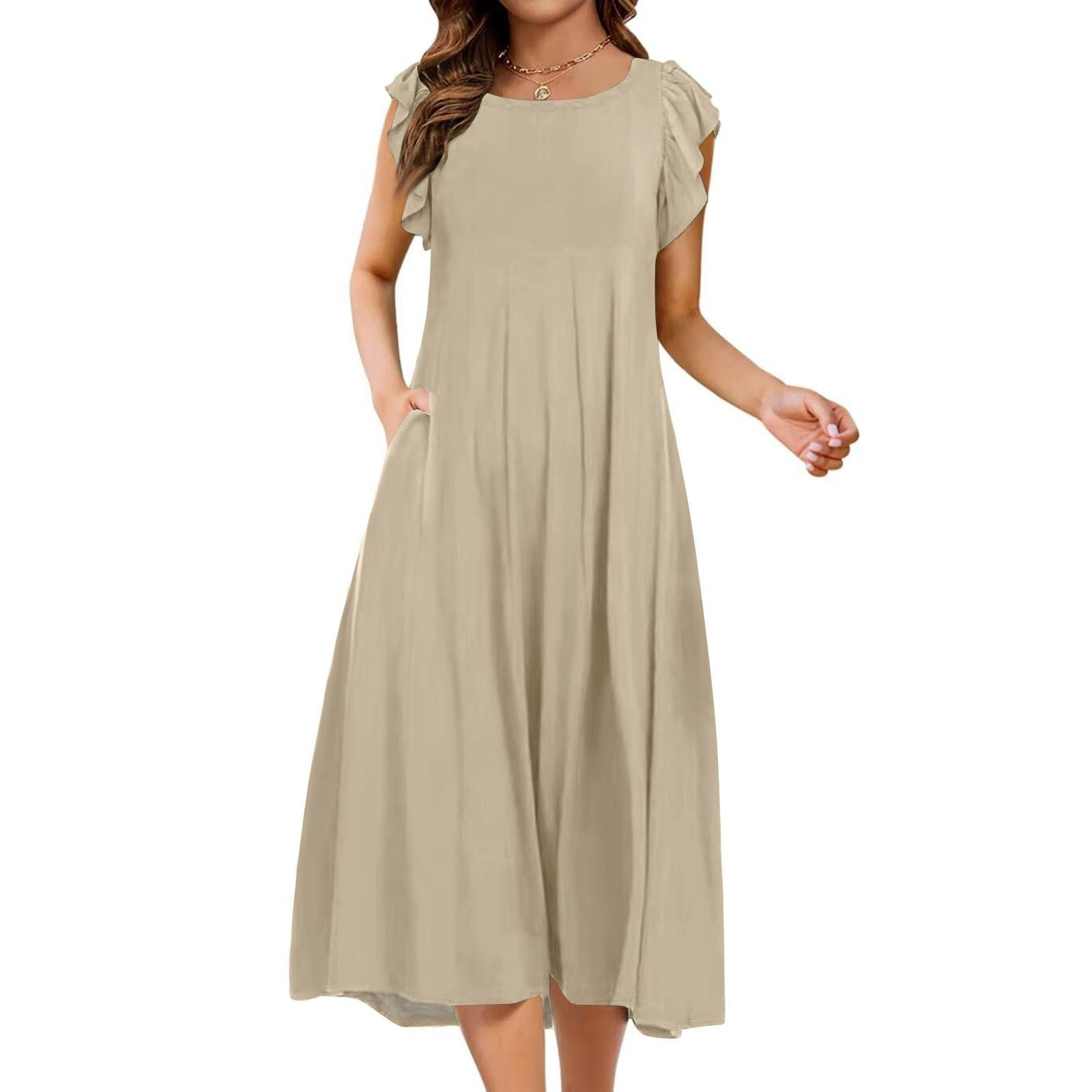 

Женское цельное платье с короткими рукавами, расклешенными рукавами, свободное повседневное платье с круглым вырезом XXL хаки