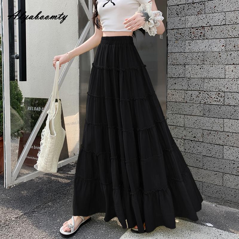 French Style Spring Fall Women Princess Maxi Long Skirt High Waist Black White Beige Green Layered Ruffles Skirt Elegant Feminine Tierred Skirts