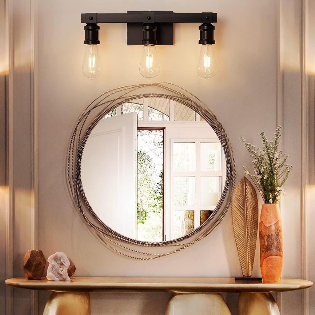 Farmhouse Bathroom Vanity Light Fixtures 3-Light Bathroom Light Fixtures Over Mirror Matte Black Vanity Light Industrial Vintage Wall Light Fixtures