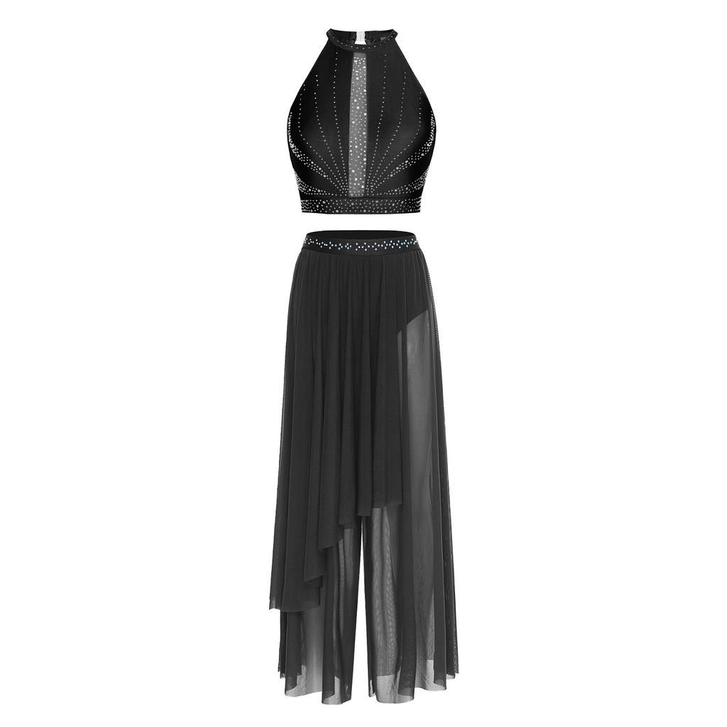 Traje de Danza Lírica para Mujer con Pedrería, Top sin Mangas tipo Camiseta sin Mangas, Pantalones de Malla con Superposición Irregular, Ropa de Baile