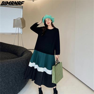 DIMANAF Women 2022 New Autumn Dress Striped Elegant Patchwork Long Dress Loose Dress Black Long O-Neck Dresses