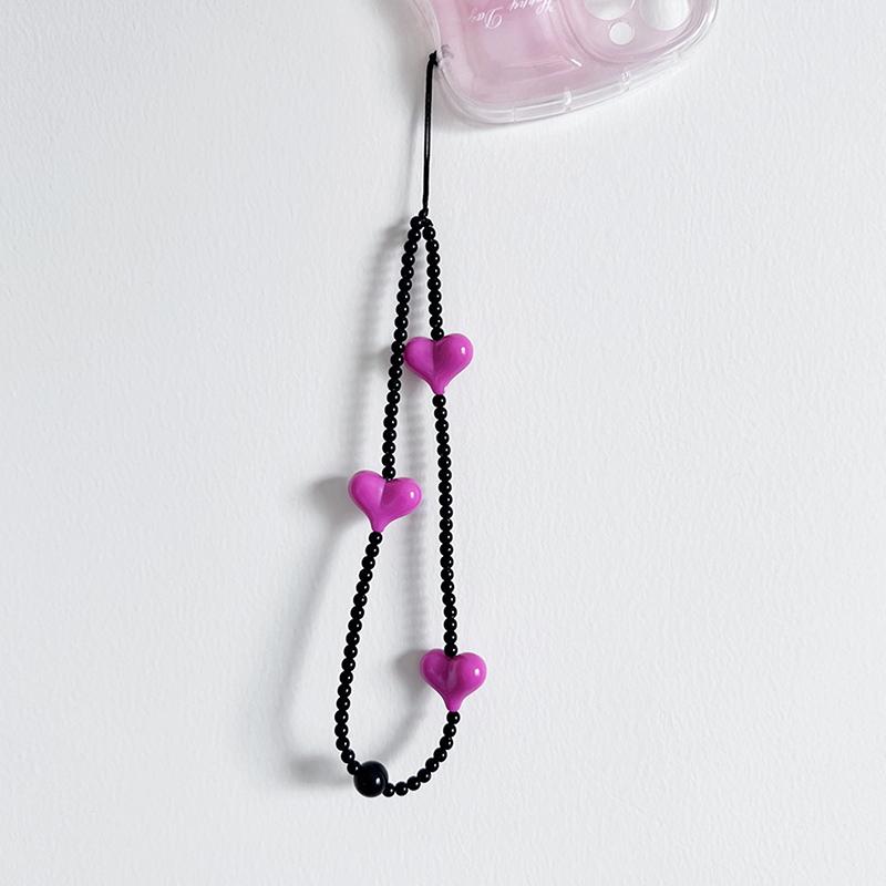 Korean Black Heart Phone Charm Straps Acrylic Beaded Cell Phone Chains Handy Wristlet String Lanyard Y2K Jewelry Accessories