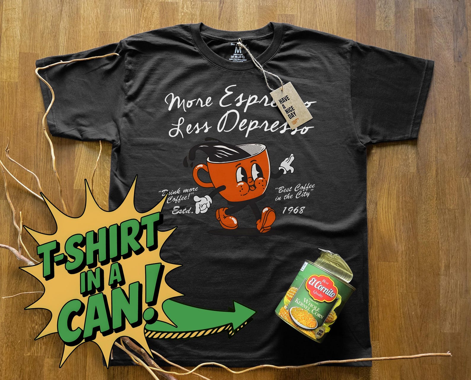 More Espresso Less Depresso | T-Shirt in a Can! | Gift for Any Occasion, T-Shirt for Birthday, Christmas & More! S