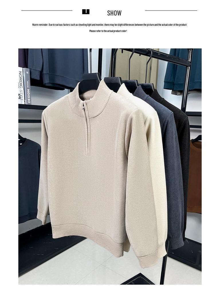 Men's Winter Plus Velvet Half-Zip Stand Collar Hoodie - Thick, Solid, Versatile, Fashionable, Warm Top