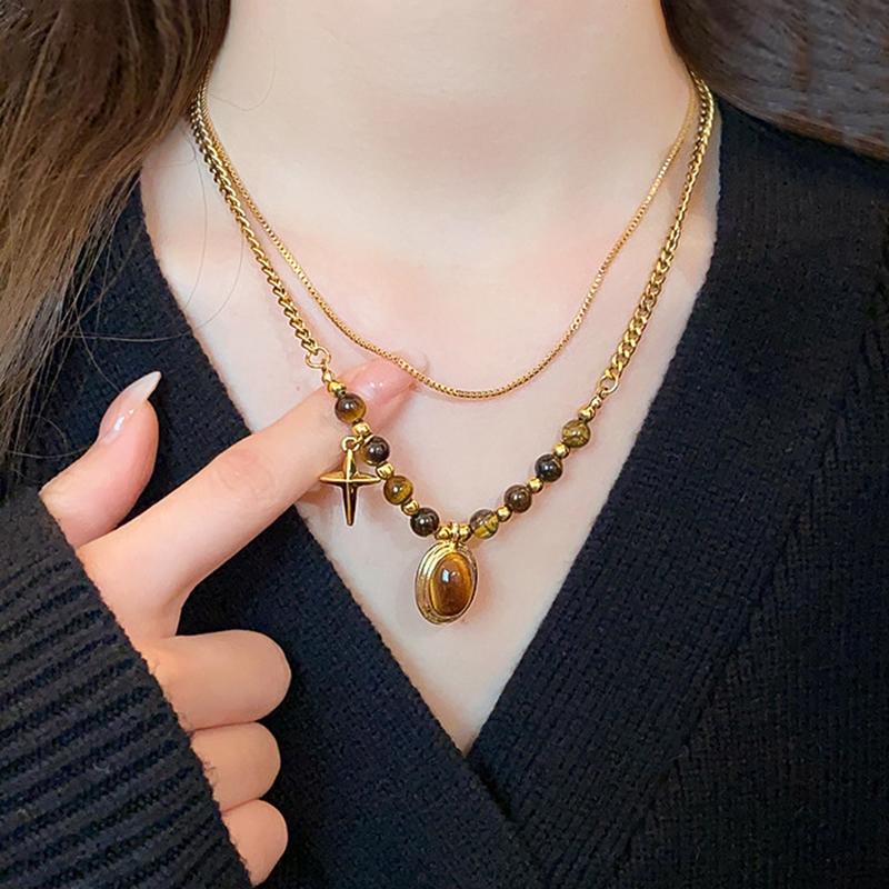 New Double-Layer Brown Stone Pendant Necklace for Women Girls Charm Aesthetic Vintage Tiger Eye Stone Beads Y2K Jewelry Gifts