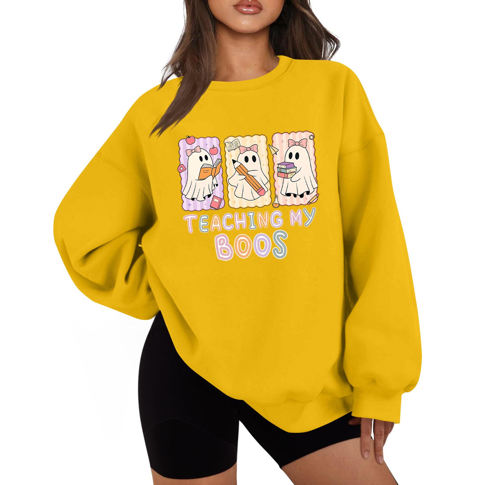 

Женская мода повседневная блузка с длинным рукавом и принтом на Хэллоуин с круглым вырезом XXL жёлтый