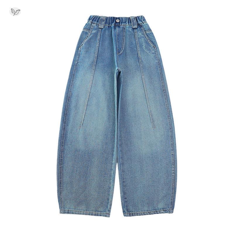 Girls' High-Waisted Wide-Leg Elastic Jeans for Kids - Slimming and Trendy Banana Pants