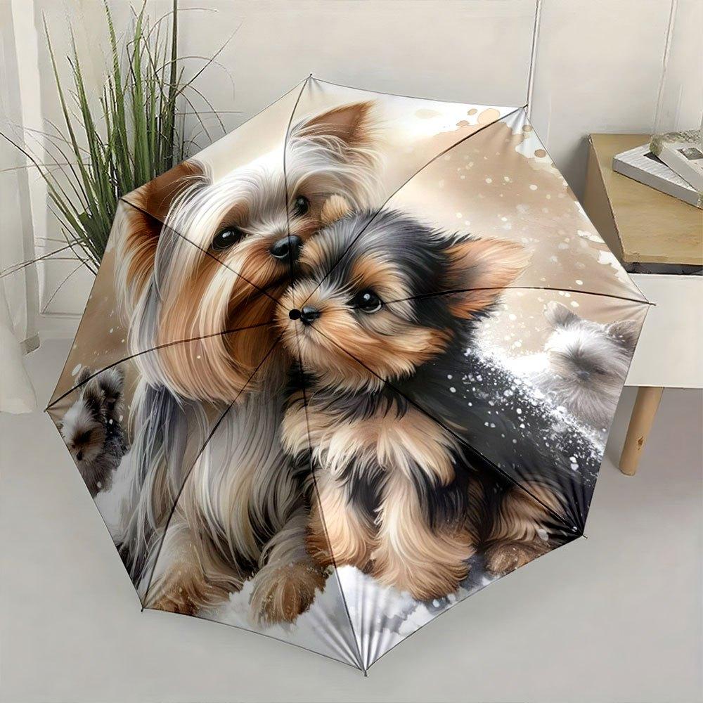 Yorkshire Terriers Cuddling in Snowy Backdrop Folding Umbrella - Automatic Open Compact Portable Dog Lover Gift, 8-Rib Durable