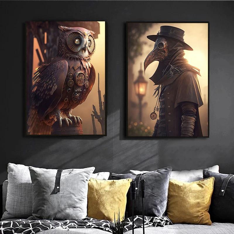 Vintage Steampunk Cat City Retro Animals Owl Raven Frog Monkey Wall Art Posters Canvas Painting Prints Pictures Home Room Decor