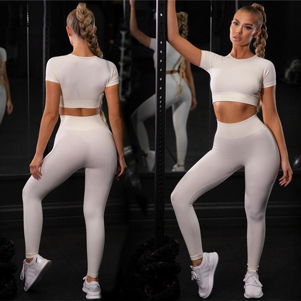 Women's Solid Color High Waist Yoga Set: Short Sleeve Top & Long Pants Two-Piece