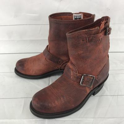Botas de Engenheiro de Couro Genuíno FRYE [23.0 / Marrom] Femininas Cinto Ajustável Sola Resistente a Óleo Botas Curtas(USADO)