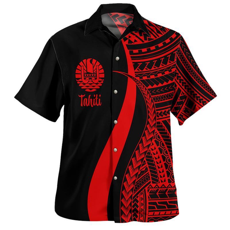Tahiti Hawaiian Shirts Men Colorful Tahitian Polynesian Short Sleeves Lapel Blouse Tops Summer Casual Button Shirt