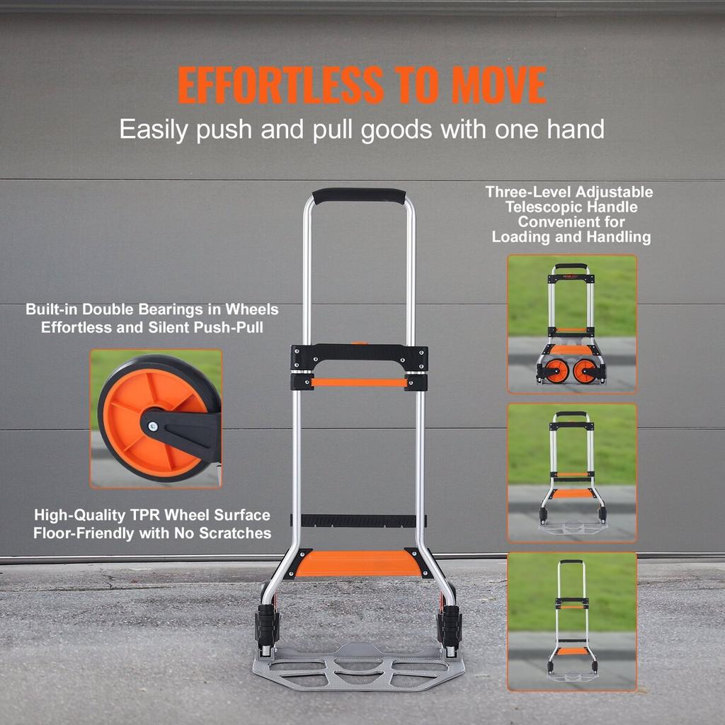 Folding Hand Truck, 275 lbs Load Capacity, Aluminum Portable Cart, Convertible Hand Truck and Dolly with Telescoping Handle and PP+TPR Wheels, Ultra