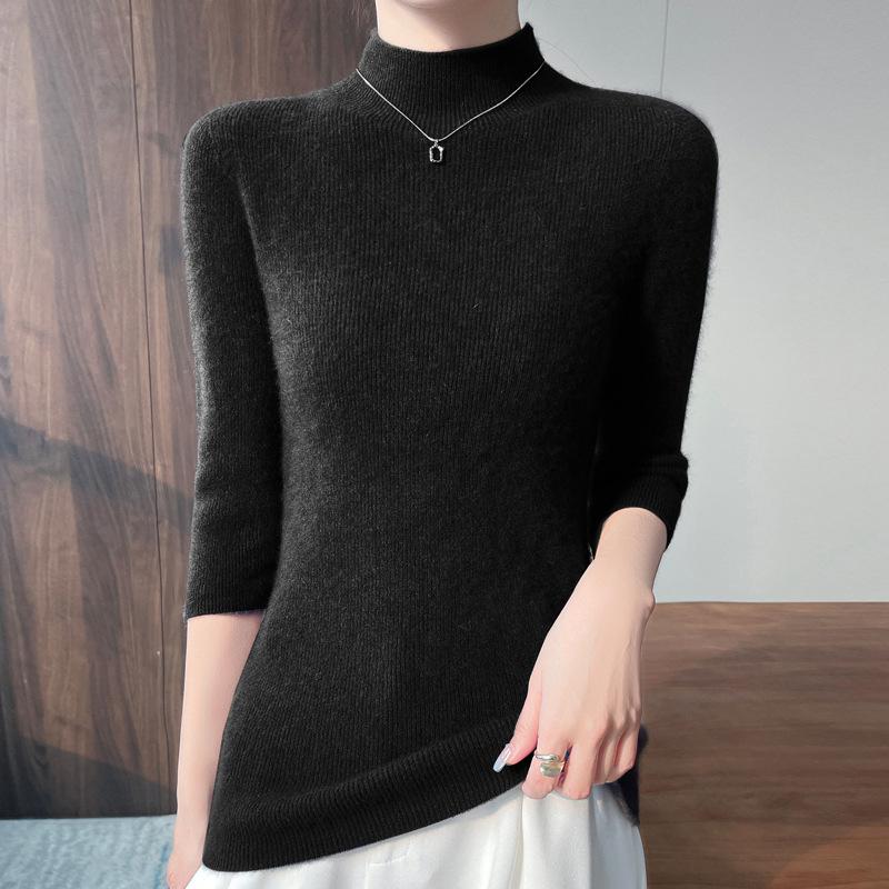 Women S Half High Neck 5 Sleeve Pullover Knit Sweater Solid Color