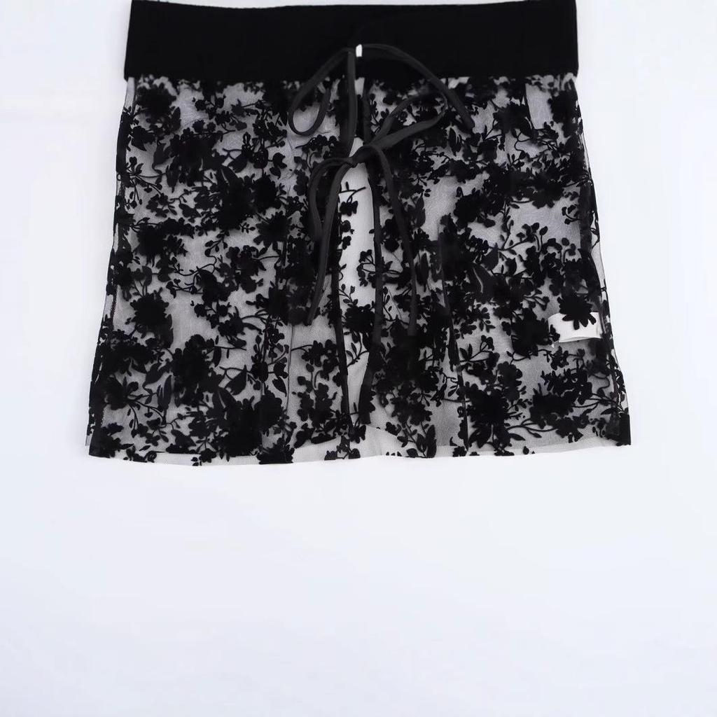 Haut floqué transparent à lacets style européen et américain pour femme, hiver 2024