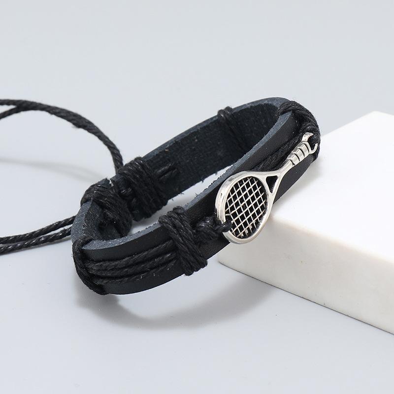 Nuovo Semplice Ciondolo Racchetta da Tennis Braccialetto in Pelle Intrecciato a Mano Personalizzato Nero Corda da Mano da Uomo Gioielli
