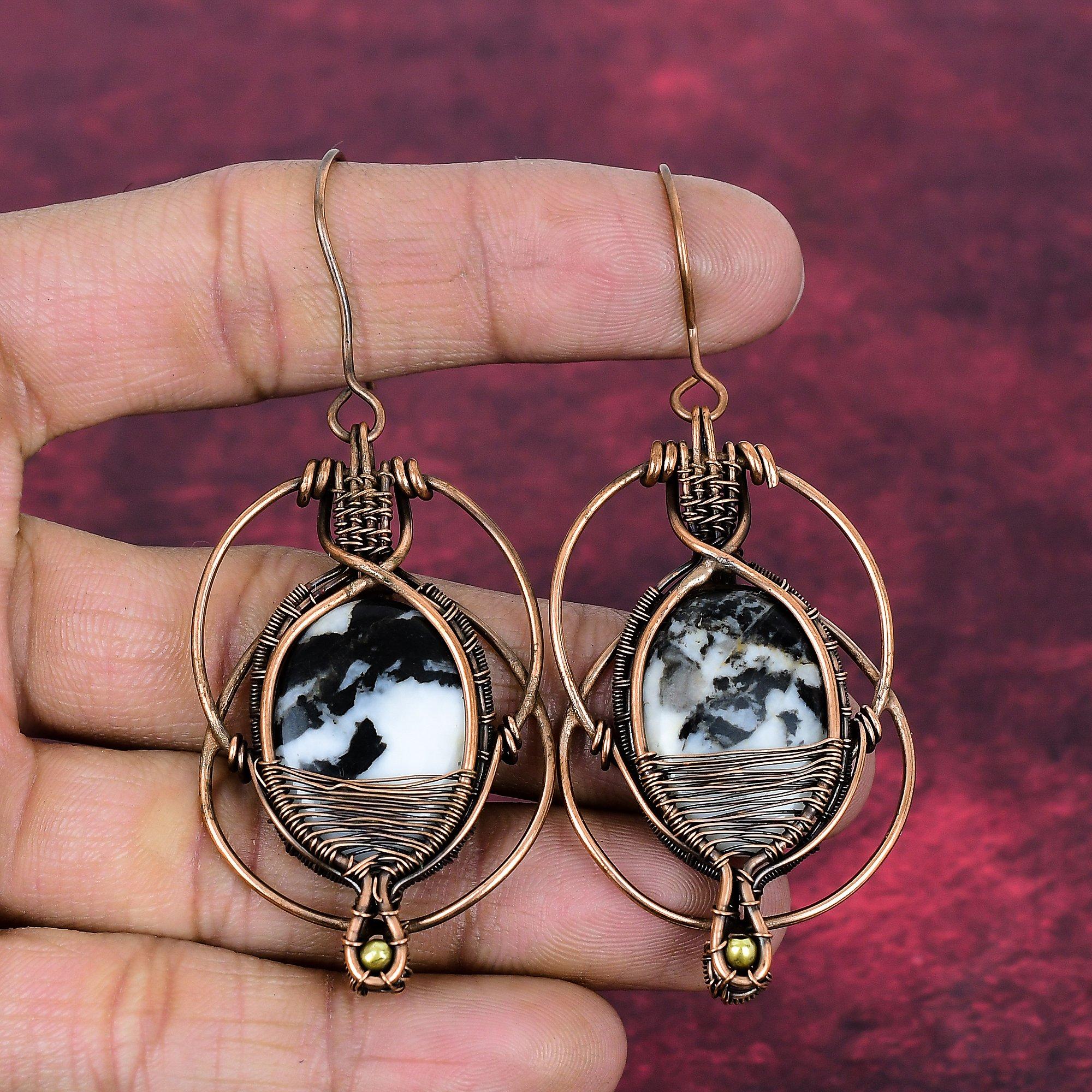 White Buffalo Turquoise Gemstone Earrings Copper Wire Wrap Jewelry Drop Earring