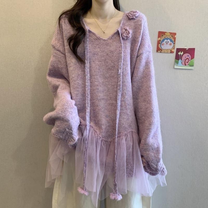 

Autumn and winter new splicing mesh yarn design sense three-dimensional flower sweater pullover gentle wind knitted sweater top women one size fits all фіолетовий