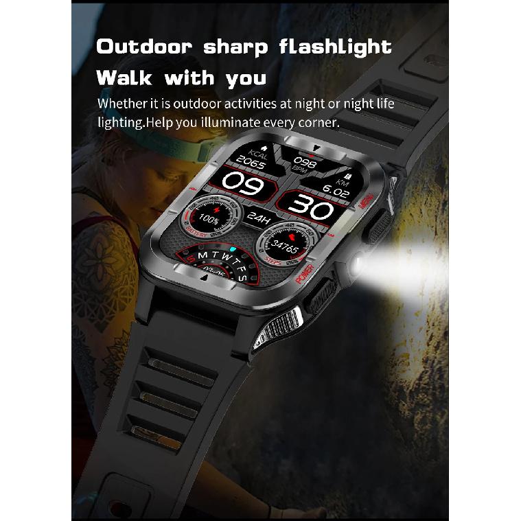 Military Grade SmartWatch Men LED flashlight Waterproof Sports Fitness Tracker Health Monitor BT Call Smartwatch For Android iOS