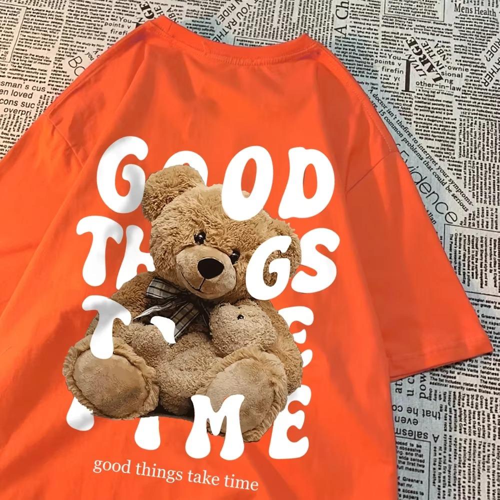 Good Things Take Time Teddy Bear Momtshirts O-Neck Kawaii Clothes Fashion Casual Wear Tops Loose Cotton Streetwear Summer Tshirt