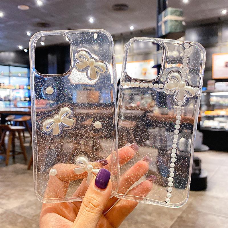 Ins Glitter Mobile Phone Case for Apple 17 Promax Bow Pearl for IPhone 16 Glue Light Luxury Women’s Model