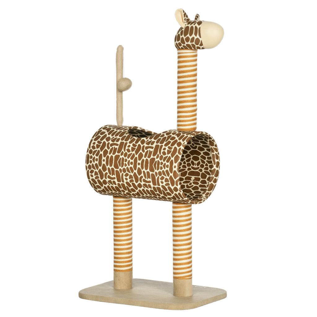 Giraffe-Designed Cat Tree, with Scratching Posts, Cat Tunnel, Toy Ball - Beige