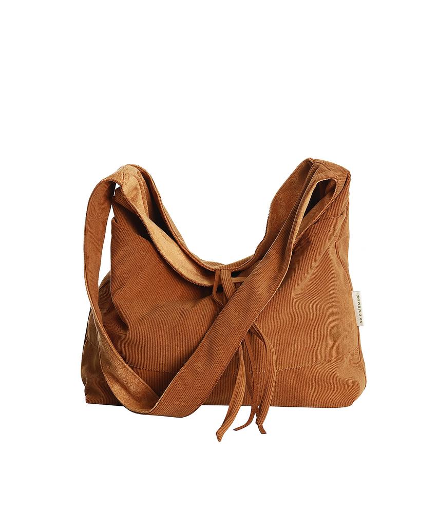 Socharming Plain Easy Corduroy Reversible Shoulder Bag - Suede Camel Brown