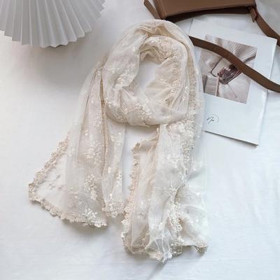 VREOVOR Vintage Hohlspitze Schal Damen Stola Seide Transparent Weiß Gaze Bestickt Dünne Baumwolle und Leinen Frühling und Herbst