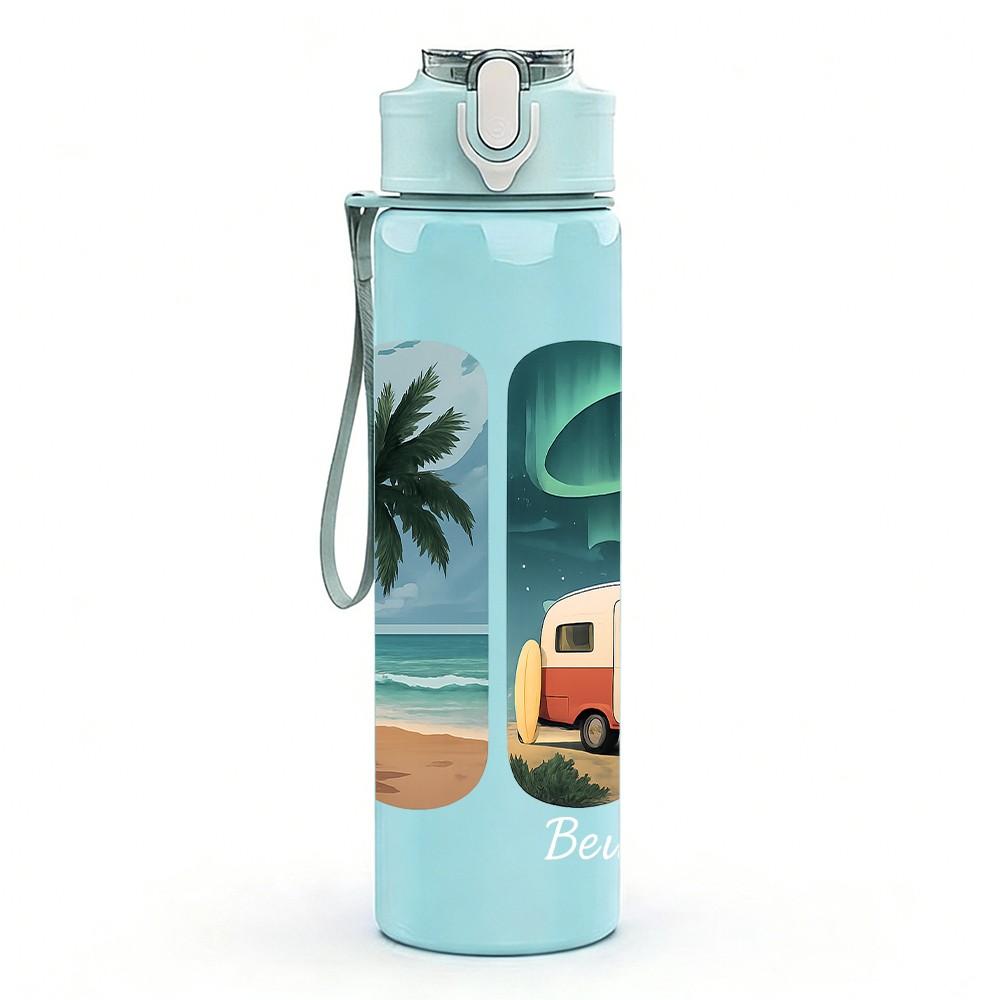 1PC Camper Van Tropical Coast Print 750ml Color Plastic Sports Water Bottle Leakproof Flip Straw Lid Suitable for Sports Office Home Use