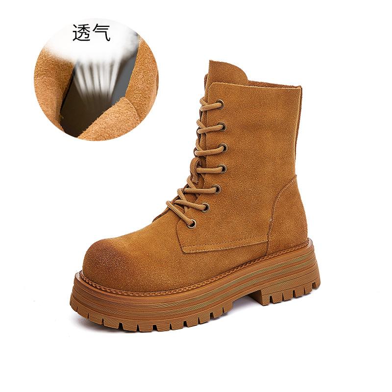 Leather Martin Boots Women's 2025 Winter New Thick Heel Versatile Big Yellow Boots Women's Platform Short Boots Casual Two Wear Women's Boots