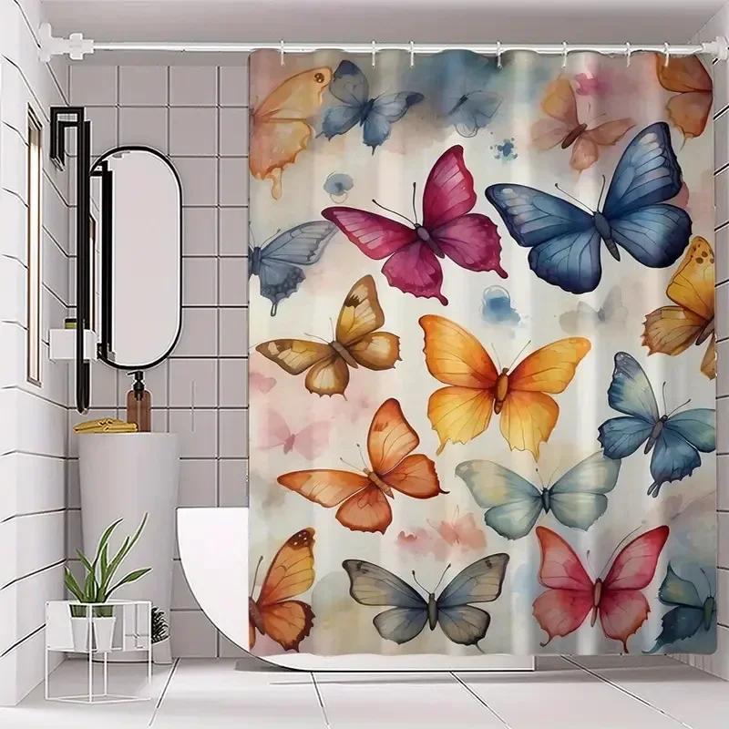 Butterfly Print Shower Curtain Family Bathroom Decoration Polyester Fabric Bathtub Curtain Bathroom Partition Room Decoration