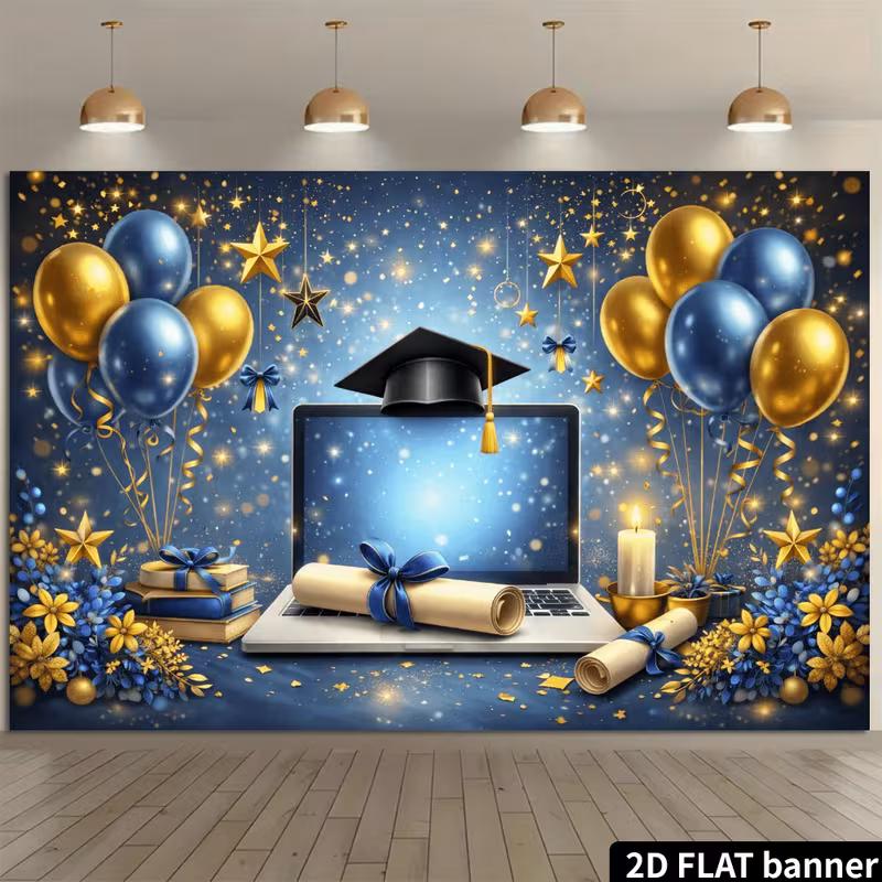 Sfondo di Laurea Stampa Piatta 2D, Striscione per Festa con Laptop e Diploma