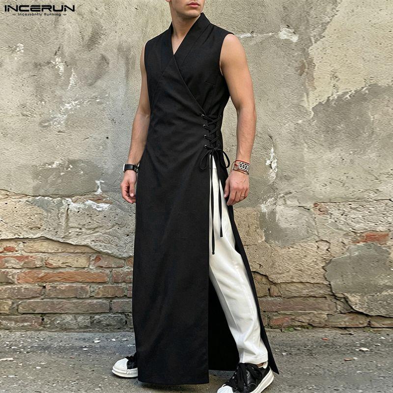 INCERUN Mens Vintage Sleeveless Long Vest V Neck Side Lace Up Casual High Split Tunic Top Robe