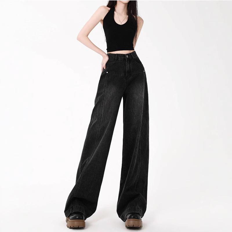 

Women s Plus Size High Waist Black Gray Wide-Leg Jeans - Spring/Autumn Slimming Straight-Leg Pants for Pear Shapes L чорний колір сірий