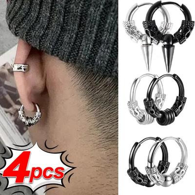 4pcs Punk Stainless Steel Round Circle Totem Hoop Metal Earrings For Men Women Fashion Earring Hip Hop Male Ear Piercing Jewelry