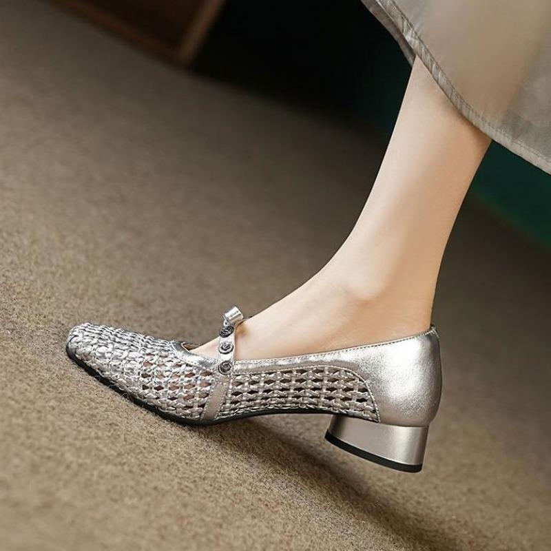 Low Heel Shoes Spring New Style Square Head Light Mouth Color Matching Rivets Line with Soft Sole Non-slip Single Shoes