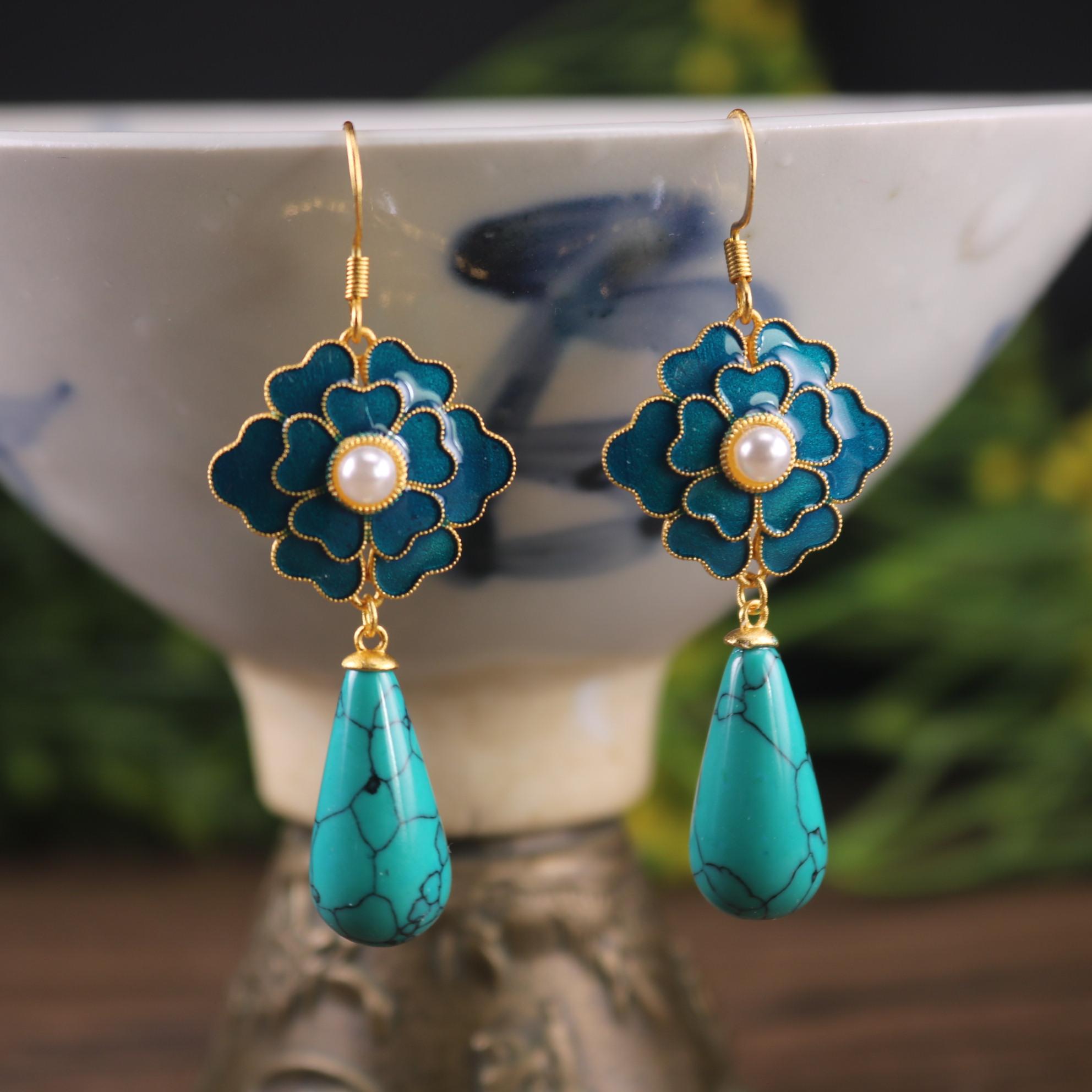 

Turquoise Drop Dangle Earrings Cloisonne Boho Gemstone Flower 18K Gold Plated CP-411