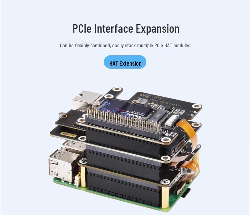 Raspberry Pi5 Dual-Channel PCIe HAT Expansion Board with Stackable 16P FFC Interface and GPIO Access.