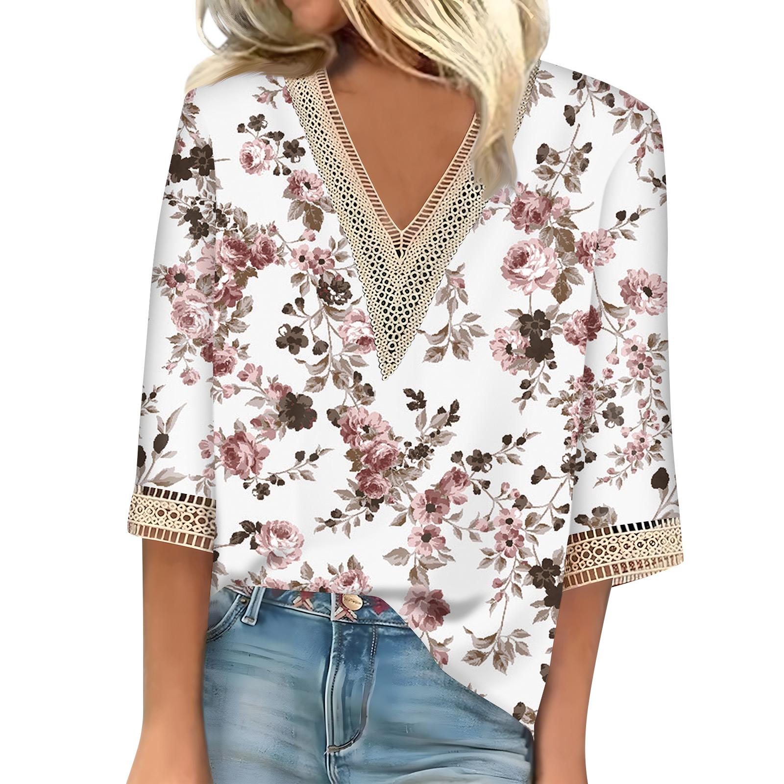 

Женская рубашка-блузка Повседневные свободные рубашки с рукавами 3/4 и кружевной отделкой Топы с v-образным вырезом и принтом Топы с принтом Футболки Футболки M белый