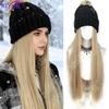 XIYUE Long Synthetic Straight Dark Brown Wigs with Hat Cap Adjustable Hair Wig with Hats for Ladies and Girls Daily Winter Wear