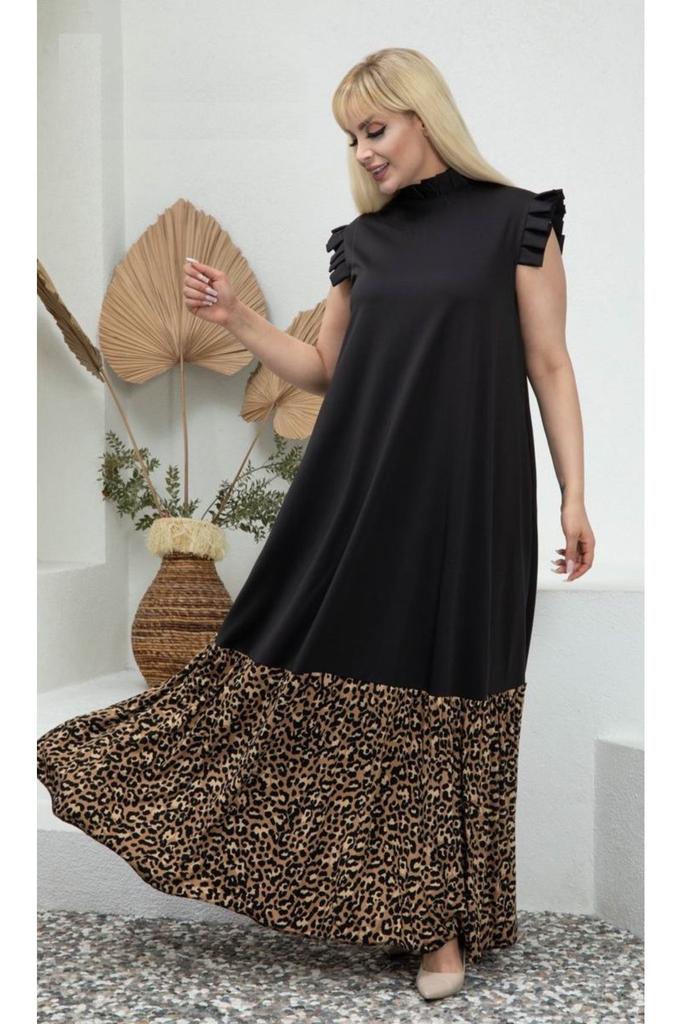 Damen-Kleid in großen Größen, Übergröße, langes Kleid mit Leopardenmuster und Taschen, Schwarz