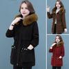 Winter Women Cotton Jacket with Furry Hood with Double Pockets Drawstring Waist Mid Length Zipper Closure Coat Solid Color Windproof Outwear Parka