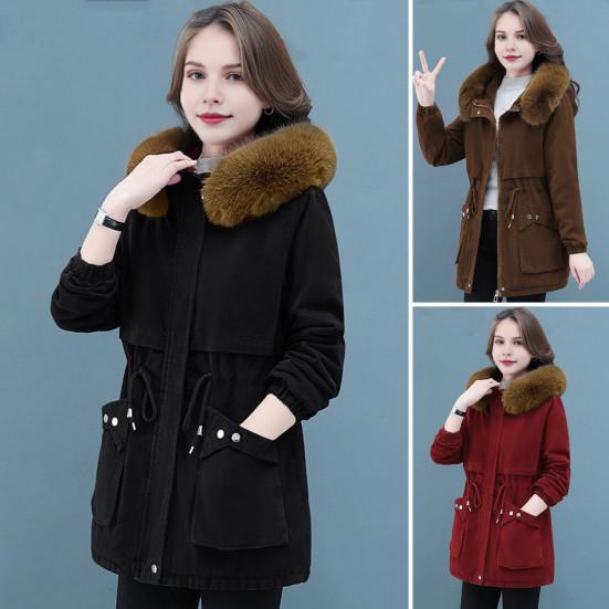 Winter Women Cotton Jacket with Furry Hood with Double Pockets Drawstring Waist Mid Length Zipper Closure Coat Solid Color Windproof Outwear Parka